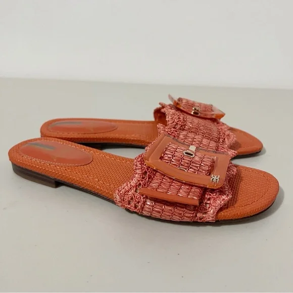 Sam Edelman Bambi Slide Buckle Detail Sandal Orange Raffia Size 7.5 - Picture 5 of 8